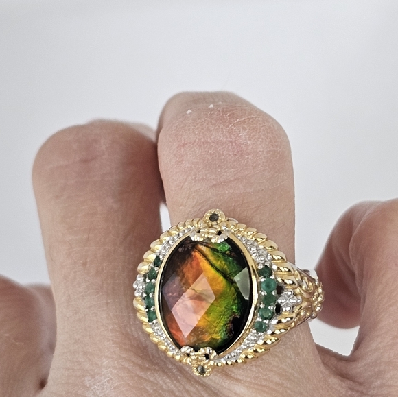 Rare Natural Ammolite & Emerald Ring Palladium Sterling Silver 18k Size 8! - Picture 9 of 11